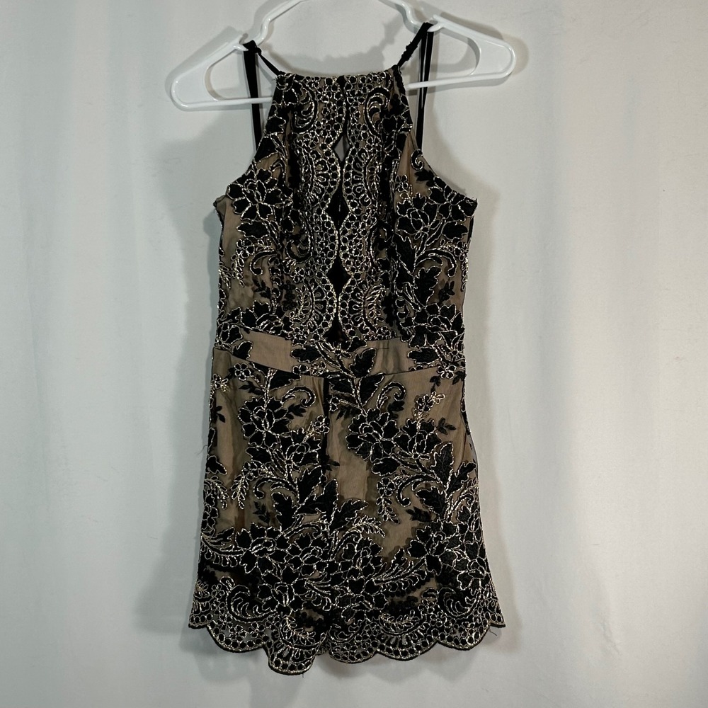 AGACI Women Black Gold Lace Overlay Halter Neck Party‎ Mini Short Romper Size M